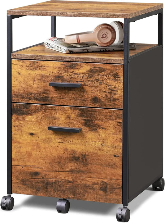 2 Drawer File Cabinet, Mobile Printer Stand with Open Storage Shelf, Wood Filing Cabinet Fits A4 or Letter Size for Home Office, Rustic Brown-0