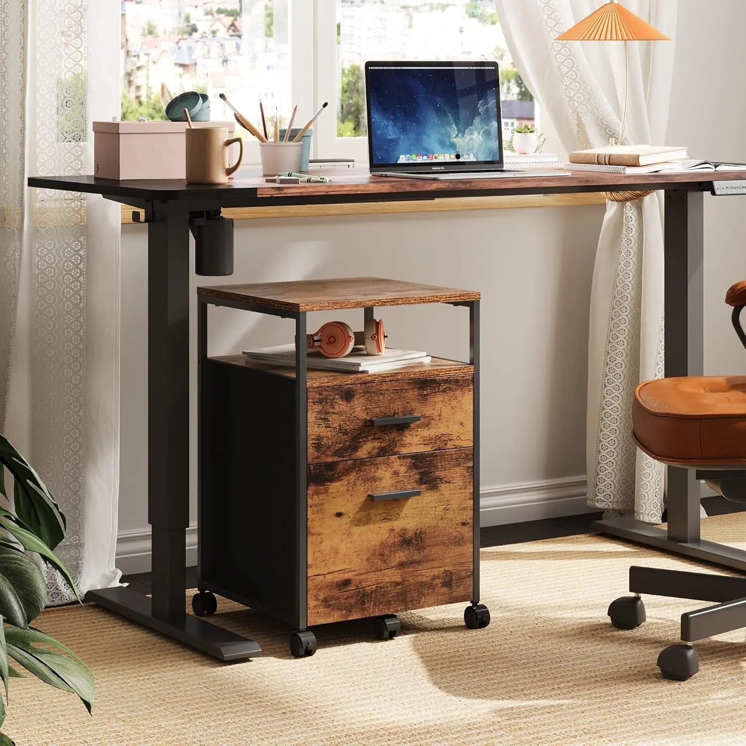 2 Drawer File Cabinet, Mobile Printer Stand with Open Storage Shelf, Wood Filing Cabinet Fits A4 or Letter Size for Home Office, Rustic Brown-1