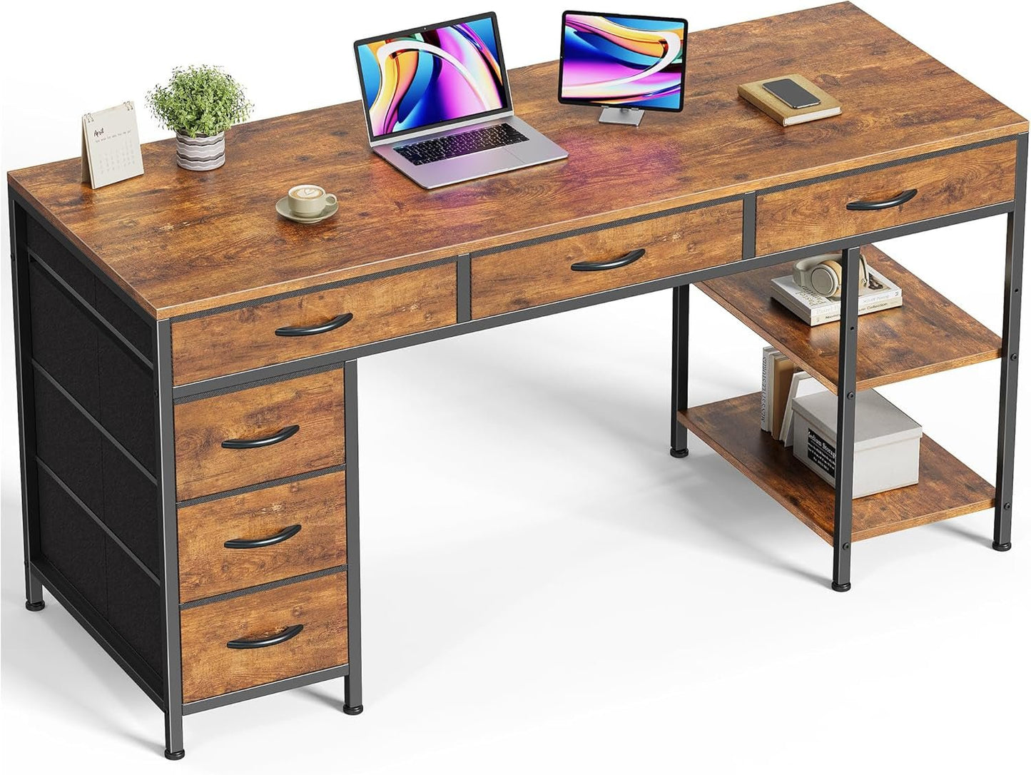 Computer Desk with 6 Drawers, 54 Inch Office Desk with Shelves, Reversible Gaming Desk, Corner Desk with Storage, Work for Home Office, Study, Living Room, Rustic Brown-0