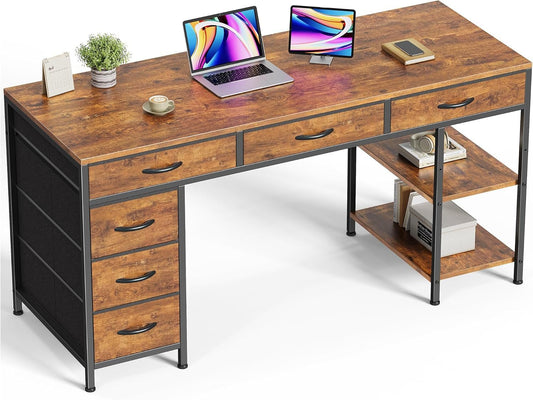 Computer Desk with 6 Drawers, 54 Inch Office Desk with Shelves, Reversible Gaming Desk, Corner Desk with Storage, Work for Home Office, Study, Living Room, Rustic Brown-0