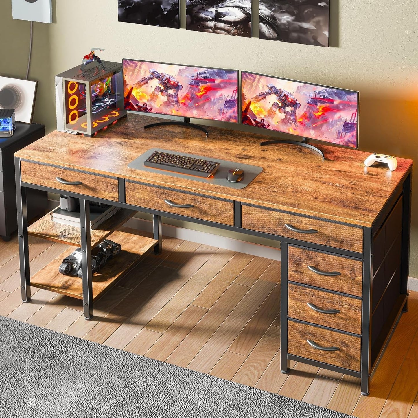 Computer Desk with 6 Drawers, 54 Inch Office Desk with Shelves, Reversible Gaming Desk, Corner Desk with Storage, Work for Home Office, Study, Living Room, Rustic Brown-1