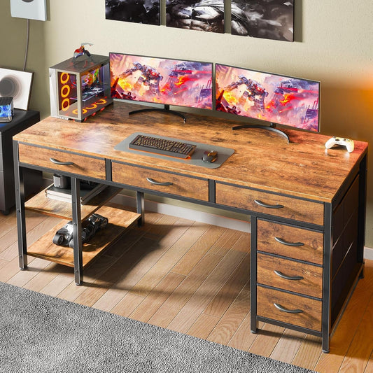Computer Desk with 6 Drawers, 54 Inch Office Desk with Shelves, Reversible Gaming Desk, Corner Desk with Storage, Work for Home Office, Study, Living Room, Rustic Brown-1