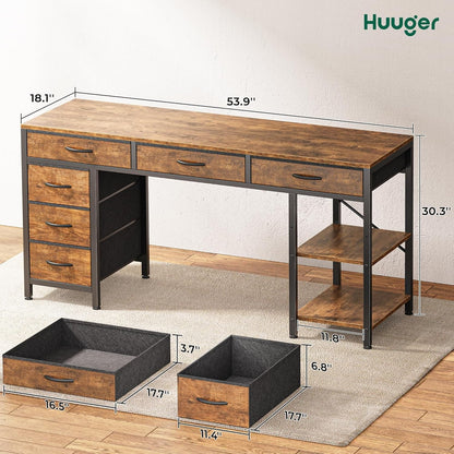 Computer Desk with 6 Drawers, 54 Inch Office Desk with Shelves, Reversible Gaming Desk, Corner Desk with Storage, Work for Home Office, Study, Living Room, Rustic Brown-2