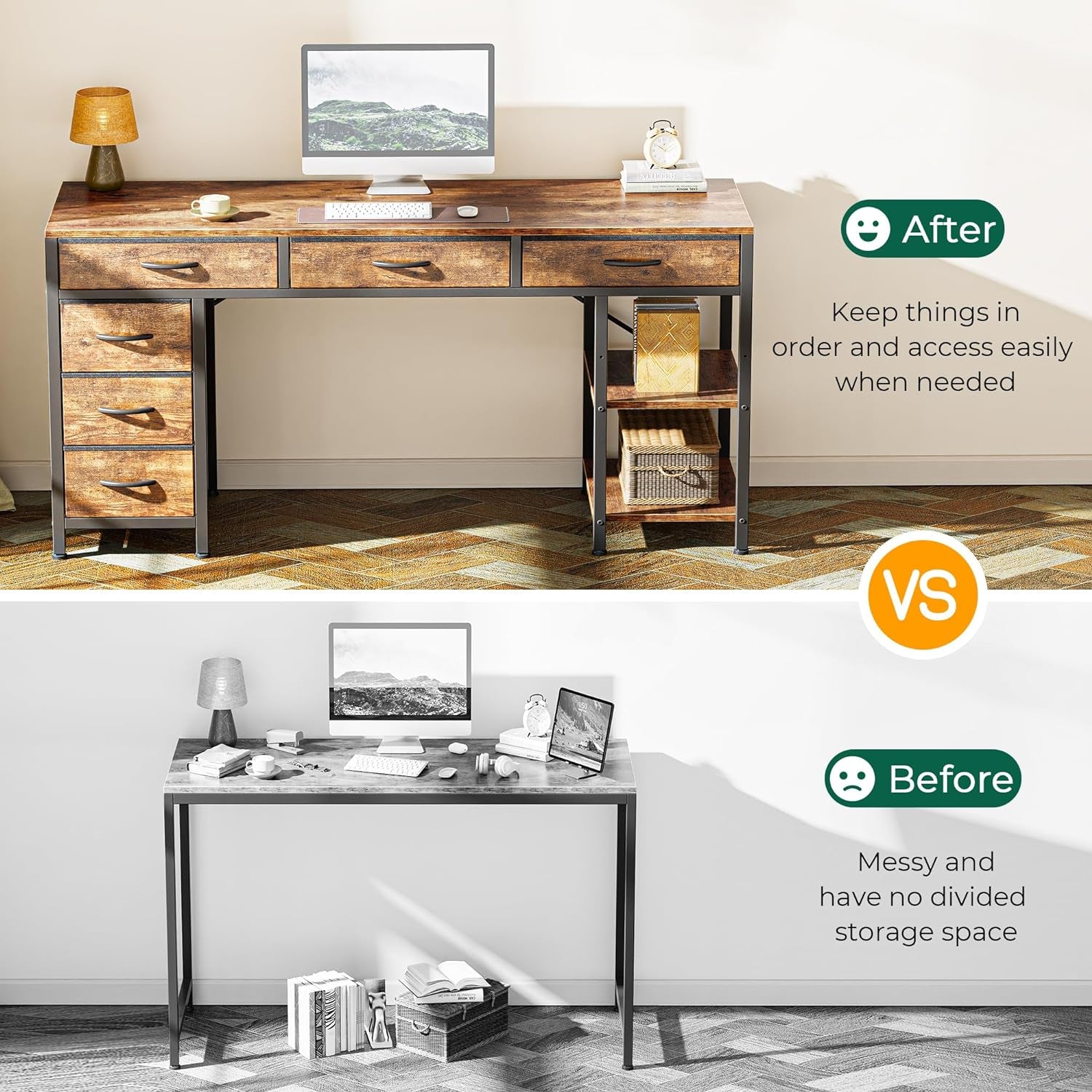 Computer Desk with 6 Drawers, 54 Inch Office Desk with Shelves, Reversible Gaming Desk, Corner Desk with Storage, Work for Home Office, Study, Living Room, Rustic Brown-4