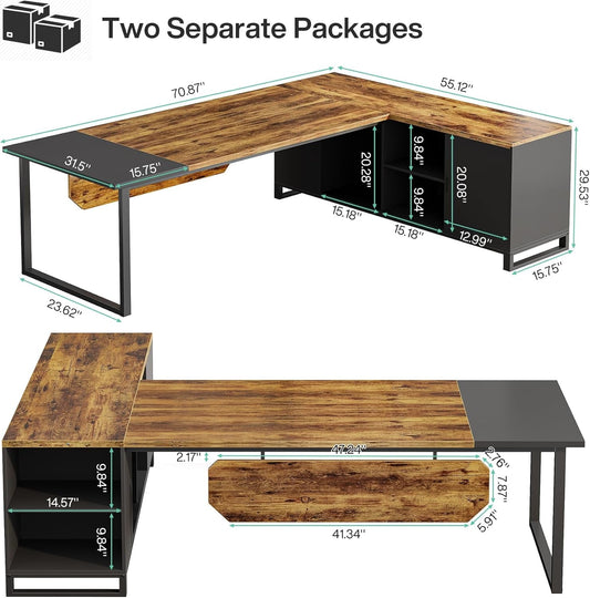 70.8" Executive Desk with 55" File Cabinet, Modern L Shaped Computer Desk with Storage Shelves and Cabinet, Large L Shaped Executive Desk for Home Office, Rustic Brown & Black-1