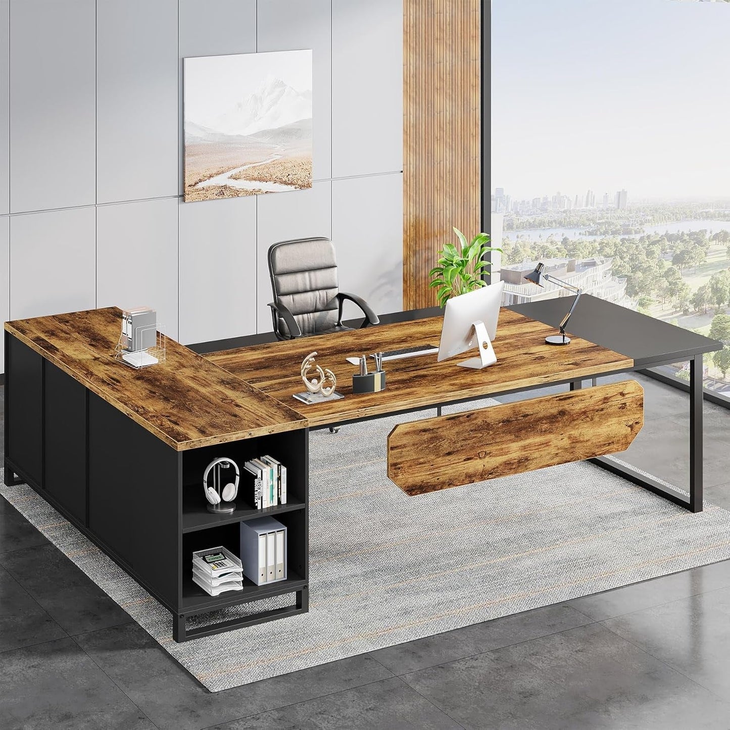 70.8" Executive Desk with 55" File Cabinet, Modern L Shaped Computer Desk with Storage Shelves and Cabinet, Large L Shaped Executive Desk for Home Office, Rustic Brown & Black-2