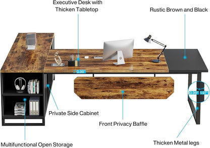 70.8" Executive Desk with 55" File Cabinet, Modern L Shaped Computer Desk with Storage Shelves and Cabinet, Large L Shaped Executive Desk for Home Office, Rustic Brown & Black-4