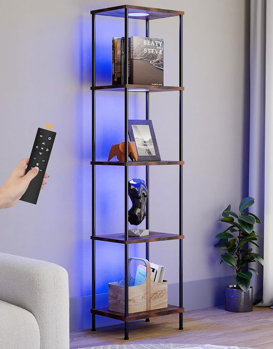 Display Shelf with RGBW Light, Color Changing Curio Cabinet Floor Lamp with Shelves Corner Standing Column Lamp Etagere Organizer Tower Nightstand Bookcase for Living Room Bedroom Office Décor, Brown-0