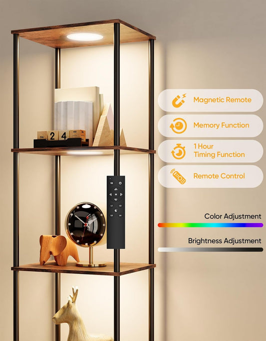 Display Shelf with RGBW Light, Color Changing Curio Cabinet Floor Lamp with Shelves Corner Standing Column Lamp Etagere Organizer Tower Nightstand Bookcase for Living Room Bedroom Office Décor, Brown-1