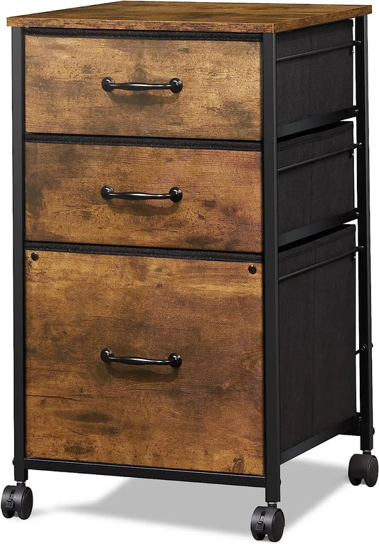 Rolling File Cabinet with 3 Drawers, Rustic Brown-1