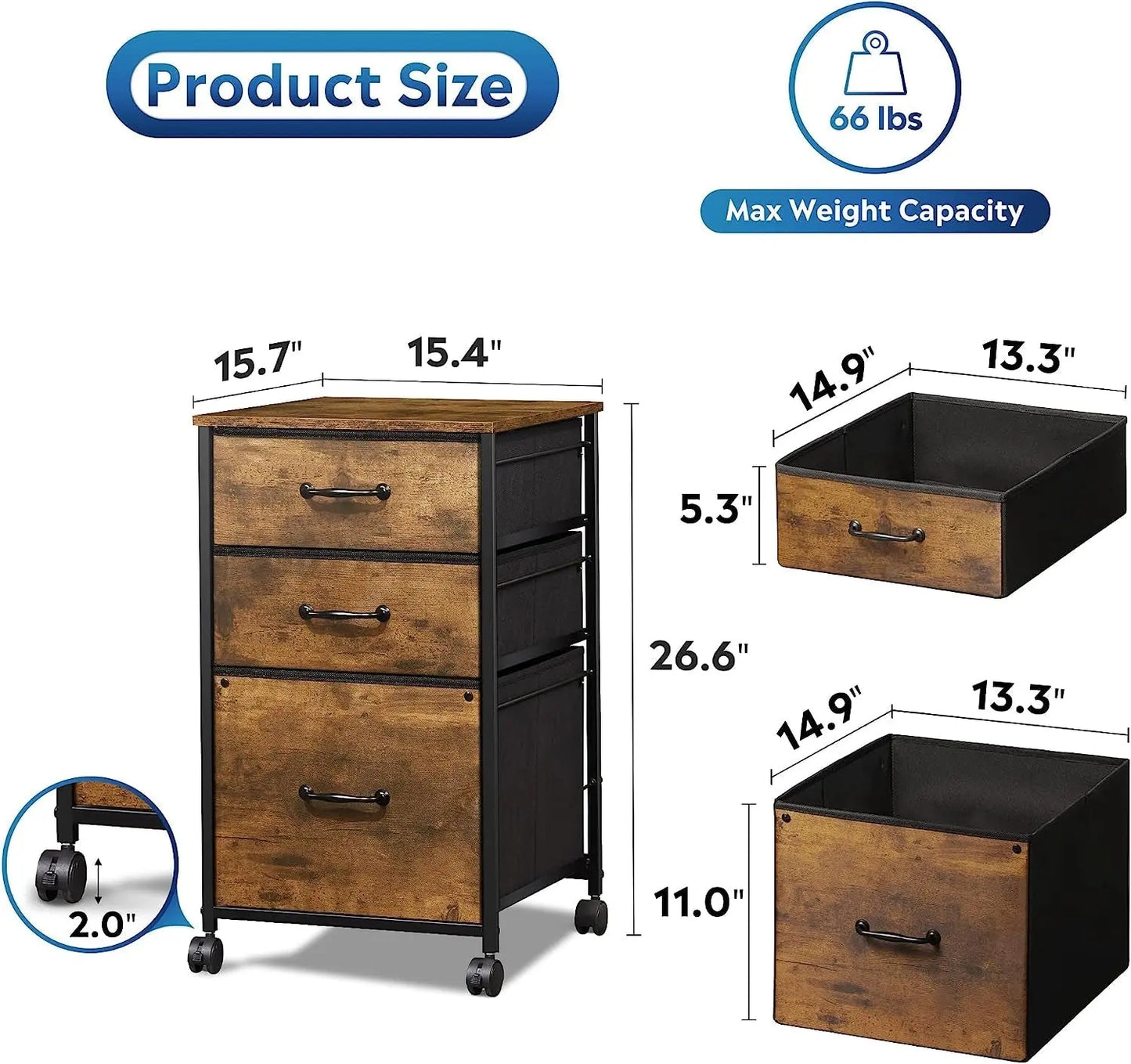 Rolling File Cabinet with 3 Drawers, Rustic Brown-2