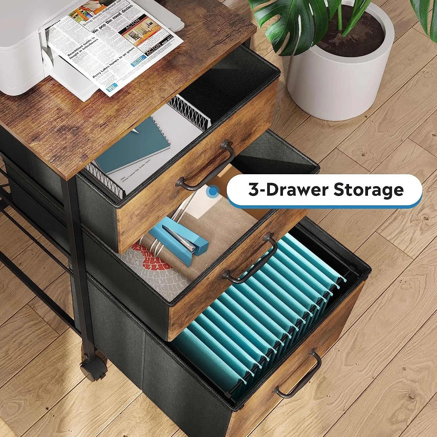 Rolling File Cabinet with 3 Drawers, Rustic Brown-3