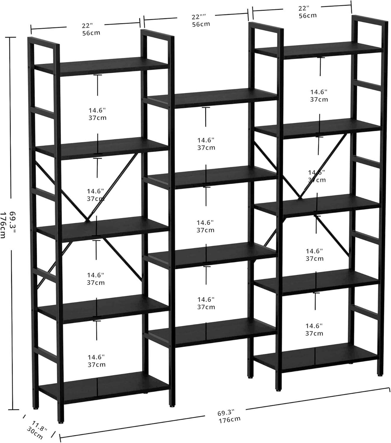Bookcases and Bookshelves Triple Wide 5 Tiers Industrial Bookshelf, Large Etagere Bookshelf Open Display Shelves with Metal Frame for Living Room Bedroom Home Office-2