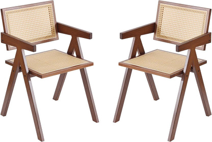Rattan Dining Chairs Set of 2, Mid Century Modern Armchairs, Wooden Kitchen Chairs for Dining Room, Living Room, Walnut-0