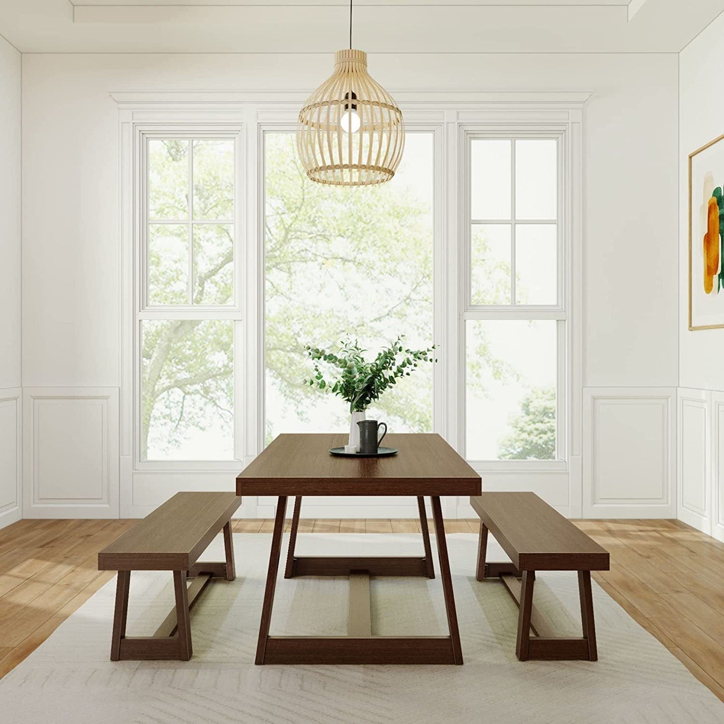 Farmhouse Solid Wood Dining Table Set with 2 Benches, Walnut-0