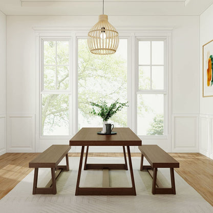Farmhouse Solid Wood Dining Table Set with 2 Benches, Walnut-0