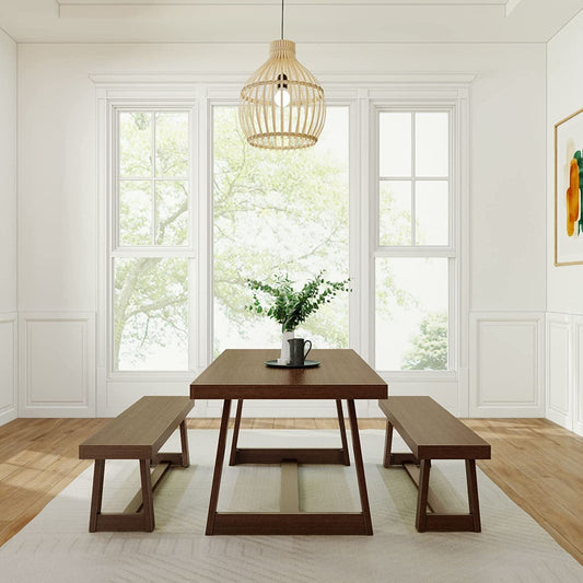 Farmhouse Solid Wood Dining Table Set with 2 Benches, Walnut-0