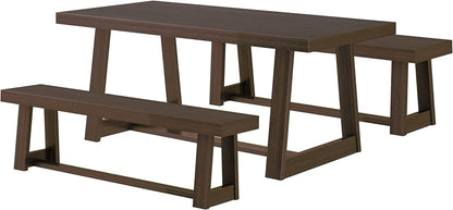 Farmhouse Solid Wood Dining Table Set with 2 Benches, Walnut-2