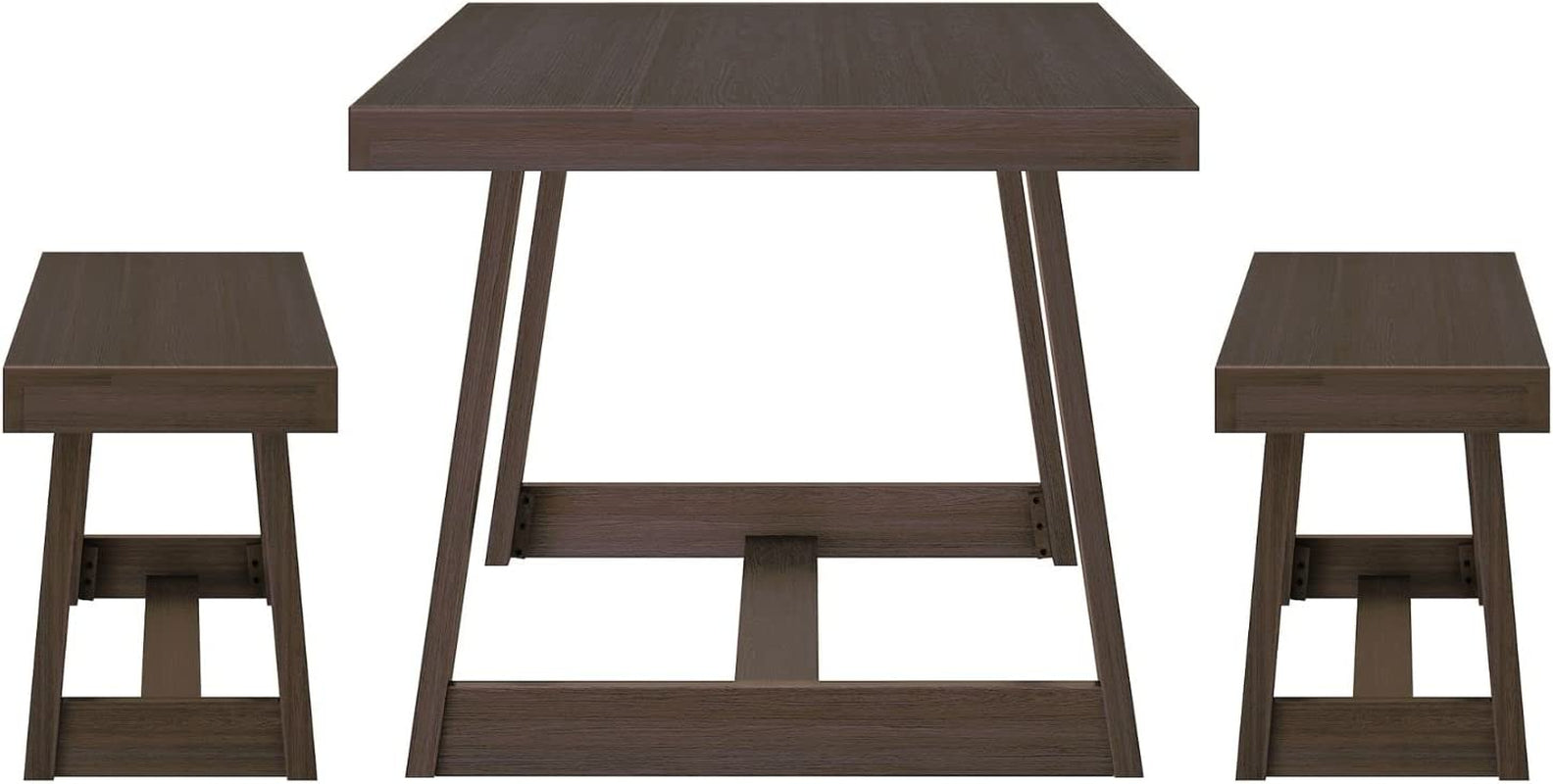 Farmhouse Solid Wood Dining Table Set with 2 Benches, Walnut-3