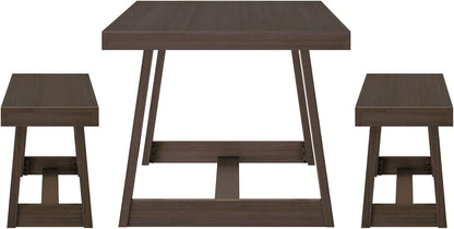 Farmhouse Solid Wood Dining Table Set with 2 Benches, Walnut-3