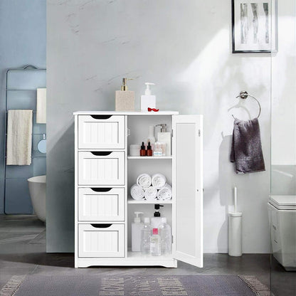 Wooden Floor Cabinet, Side Storage Organizer with 4 Drawers and 1 Cupboard, Freestanding Entryway Storage Unit Console Table, Bathroom Furniture Home Decor, White-1