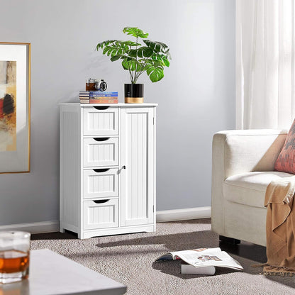 Wooden Floor Cabinet, Side Storage Organizer with 4 Drawers and 1 Cupboard, Freestanding Entryway Storage Unit Console Table, Bathroom Furniture Home Decor, White-3
