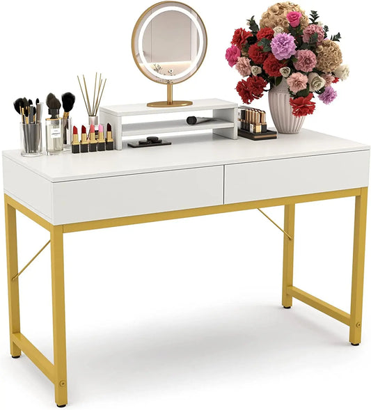 White Home Office Desk with Drawer and Monitor Stand-1