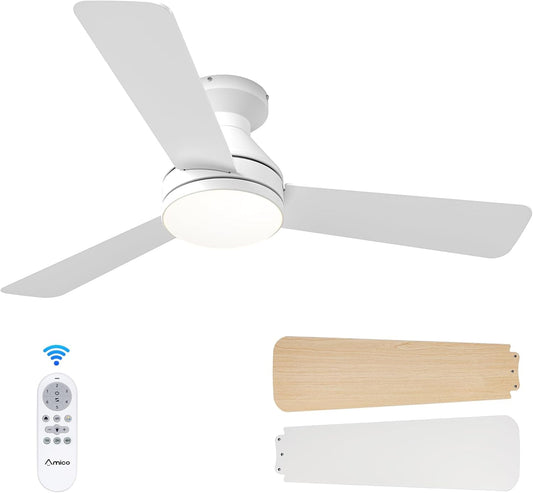 Ceiling Fans with Lights, 42 Inch Low Profile Ceiling Fan with Light and Remote Control, Flush Mount, Reversible, 3CCT, Dimmable, Noiseless, White Ceiling Fan for Bedroom, Indoor/Outdoor Use-1