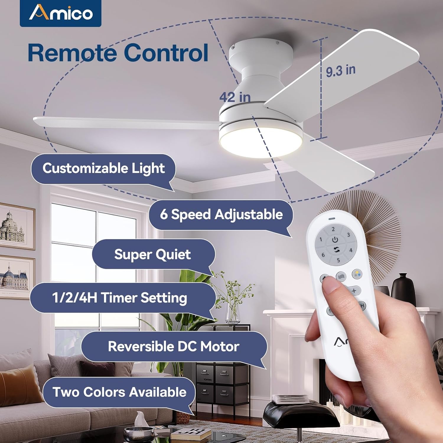 Ceiling Fans with Lights, 42 Inch Low Profile Ceiling Fan with Light and Remote Control, Flush Mount, Reversible, 3CCT, Dimmable, Noiseless, White Ceiling Fan for Bedroom, Indoor/Outdoor Use-2