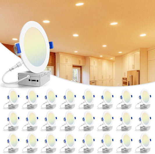24 Pack 6 Inch Recessed Lighting, 5CCT LED Recessed Light with Junction Box, 2700K-5000K Selectable, 13W Eqv 120W, 1080LM Dimmable Canless Wafer Downlight, LED Ceiling Light ETL Certificated-0