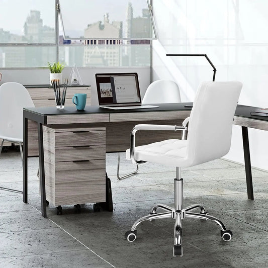 Mid-Back Office Task Chair Ribbed PU Leather Executive Modern Adjustable Home Desk Retro Comfortable Work Chair 360 Degree Swivel with Arms (White)-1