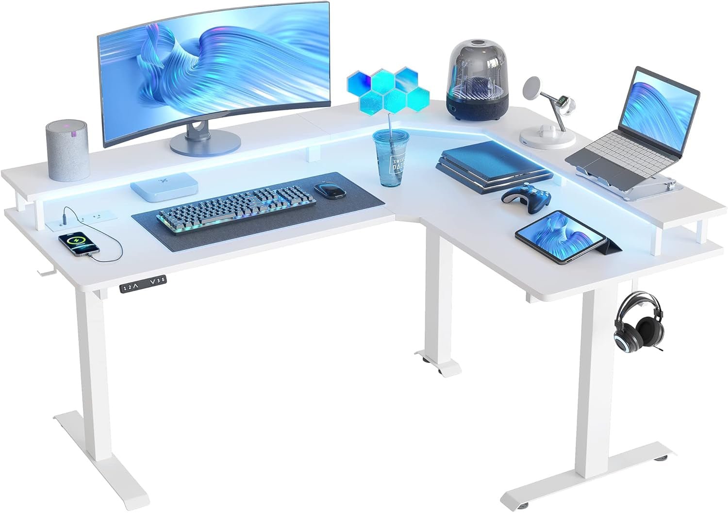 Height Adjustable L Shaped Standing Desk with Power Outlets-0