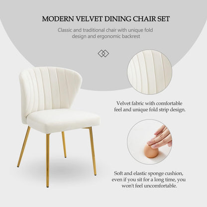 White Velvet Dining Chairs Set of 4, Modern Dining Chairs with Golden Metal Legs, Tufted Upholstered Dining Chairs for Dining Room/Kitchen/Vanity-2