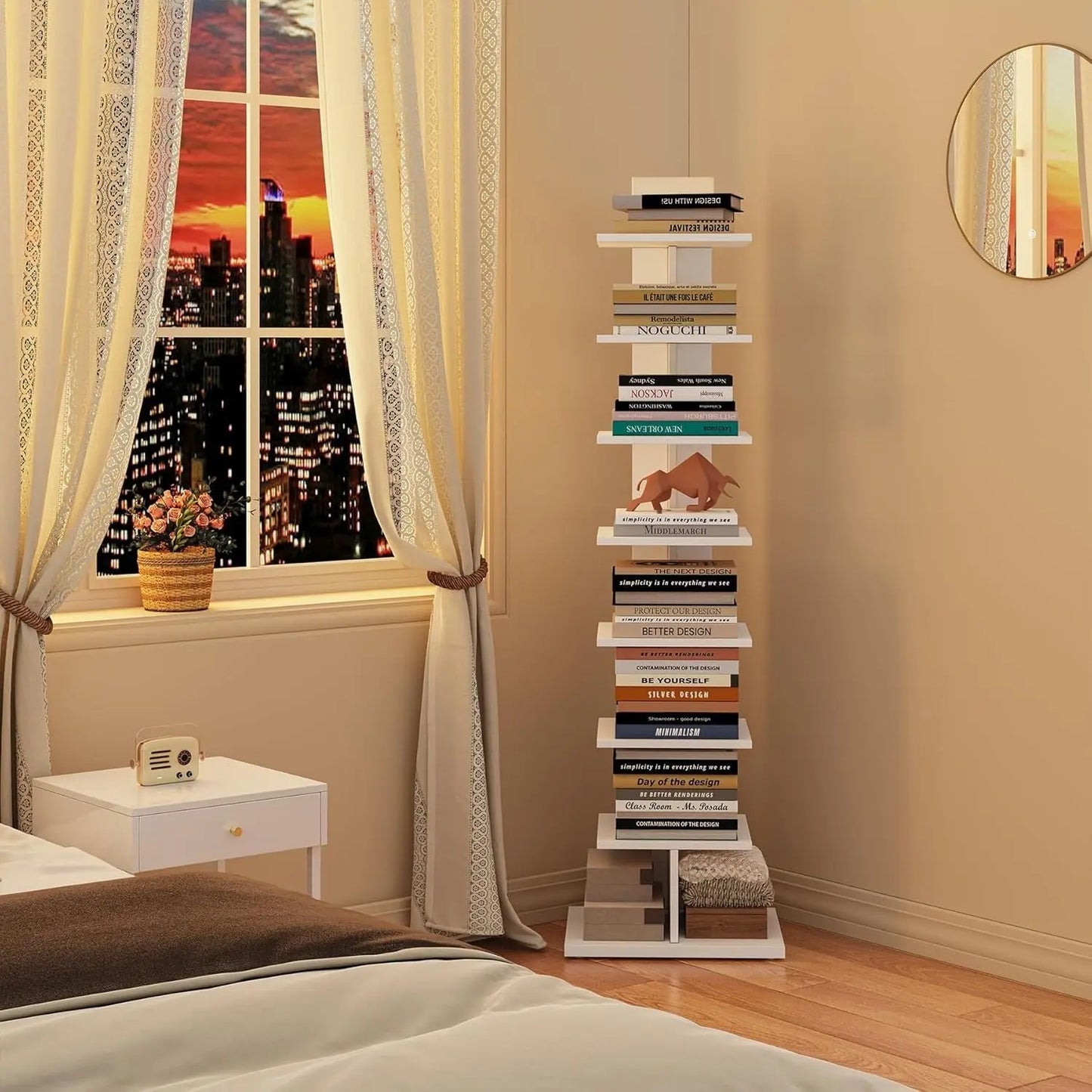 Vertical Bookshelf, 8-Tier Bookcase, Narrow Spine Book Shelf for Small Space, Corner Standing Shelf for Living Room, Office, Study, Entryway, White BS06BW008-2