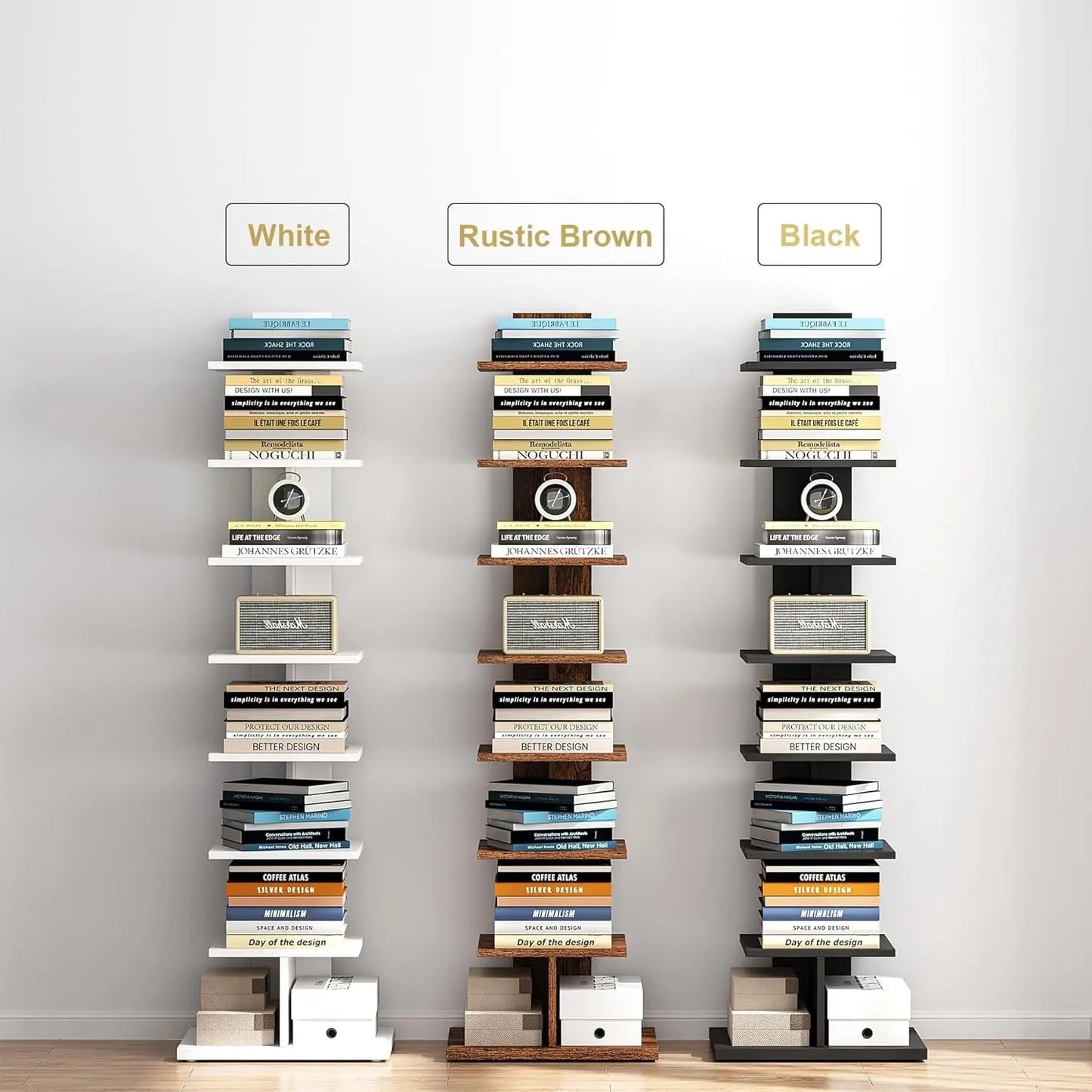 Vertical Bookshelf, 8-Tier Bookcase, Narrow Spine Book Shelf for Small Space, Corner Standing Shelf for Living Room, Office, Study, Entryway, White BS06BW008-3