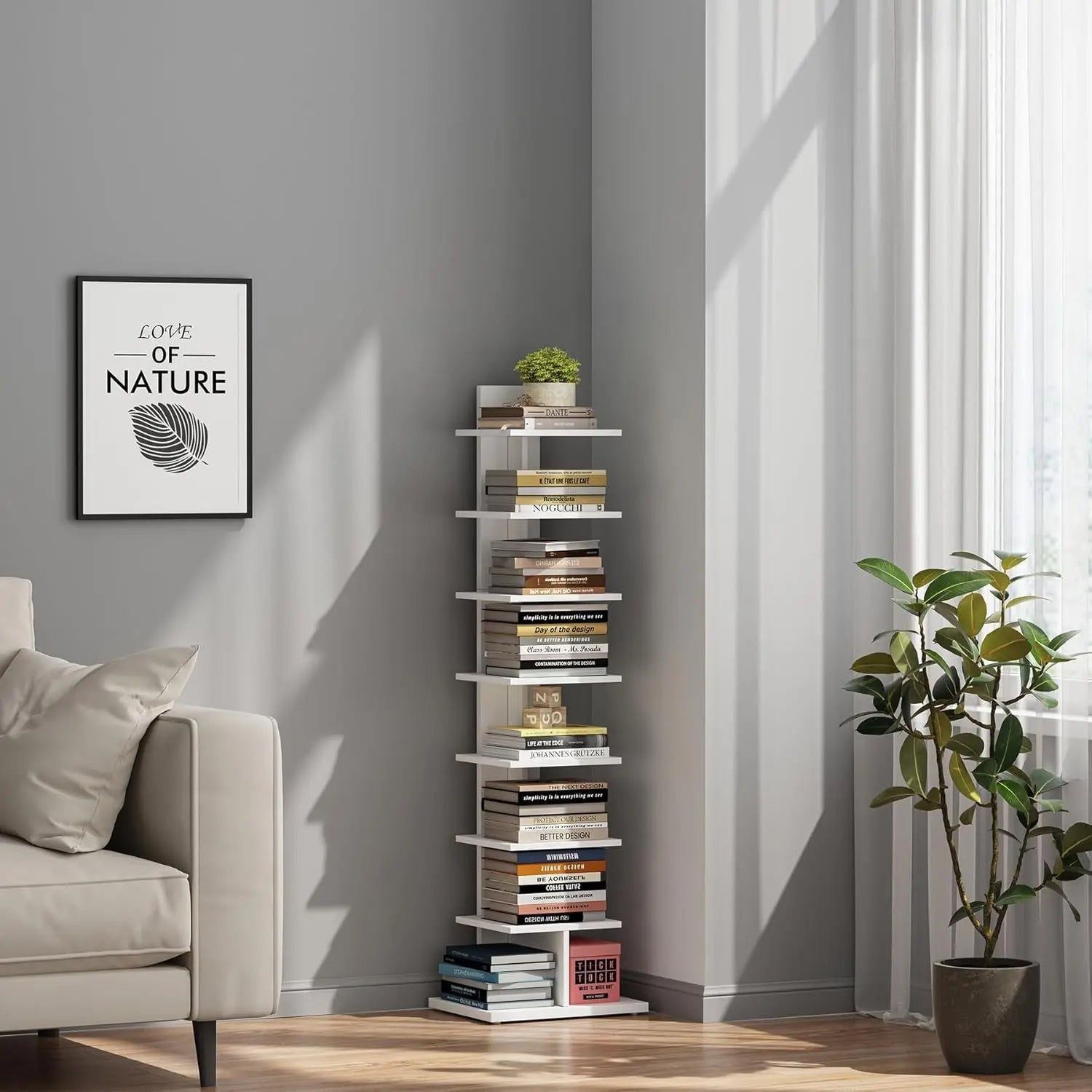 Vertical Bookshelf, 8-Tier Bookcase, Narrow Spine Book Shelf for Small Space, Corner Standing Shelf for Living Room, Office, Study, Entryway, White BS06BW008-4