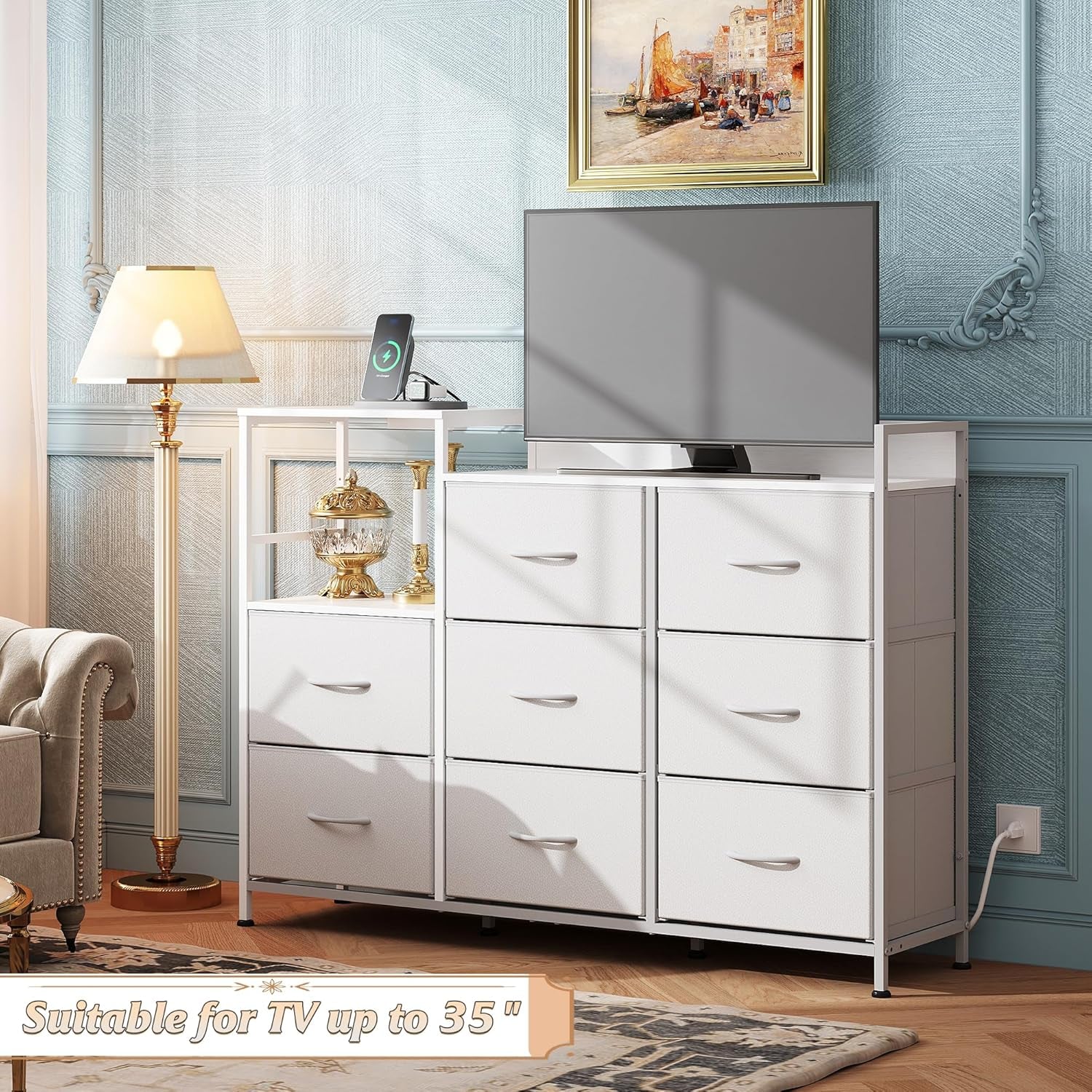 White Dresser TV Stand for Bedroom with Charging Station and Open Shelves, Fabric Dresser with 8 Drawers and Wood Top, Wide Storage Chest of Drawers for Living Room, Hallway-1