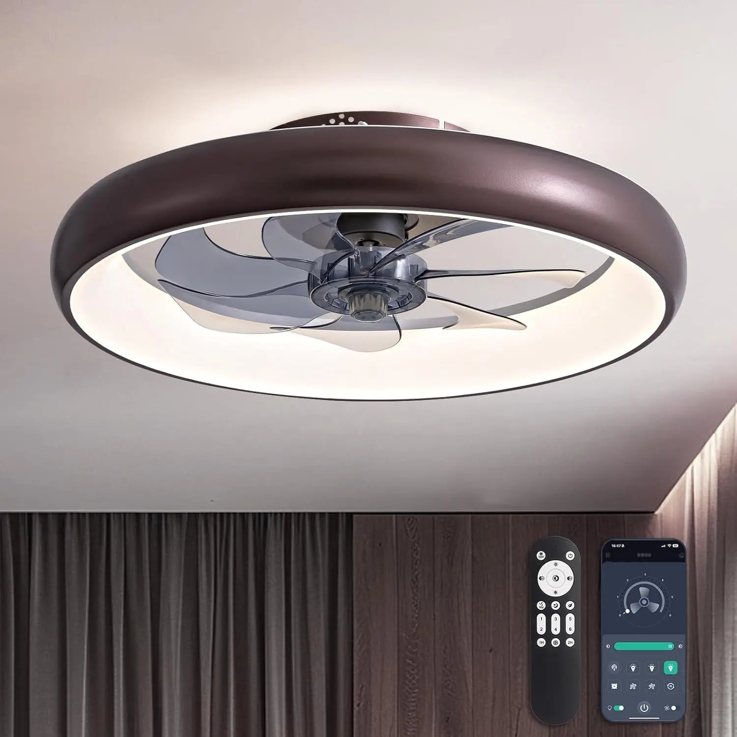 Ceiling Fans with Lights and Remote, 20'' Low Profile Flush Mount Ceiling Fan with Lights, 6 Wind Speeds, Modern Dimmable LED Ceiling Fan, Smart Ceiling Fan for Bedroom, Kids Room-1