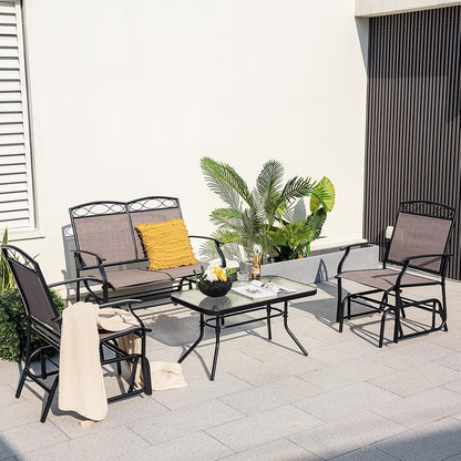4 Pcs Patio Glider Set, Outdoor Gliding Loveseat W/Tempered Glass Coffee Table, Heavy-Duty Patio Furniture Set for Backyard, Porch, Poolside (4 PCS Patio Glider Set)-1