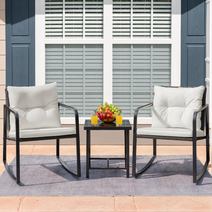 Patio Chairs 3 Piece Wicker Rocking Chair Outdoor Bistro Sets with Coffee Table and Cushions Metal Frame Patio Furniture for Porch, Balcony, Lawn (White)-1