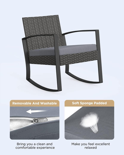 3 Pieces Patio Furniture Set Rocking Bistro Set Outdoor Rattan Conversation with Coffee Table for Garden Balcony Backyard Poolside (Grey Cushion)-1