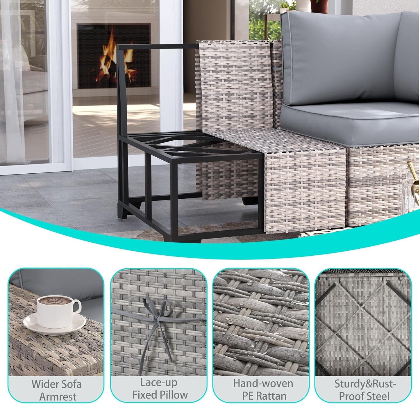 6-Piece Outdoor Patio Furniture Set Wicker Sectional Sofa Set, Patio Conversation Set with Thickened Cushions & Coffee Table for Garden, Backyard, Poolside, Grey-4
