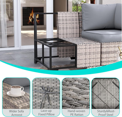 6-Piece Outdoor Patio Furniture Set Wicker Sectional Sofa Set, Patio Conversation Set with Thickened Cushions & Coffee Table for Garden, Backyard, Poolside, Grey-4