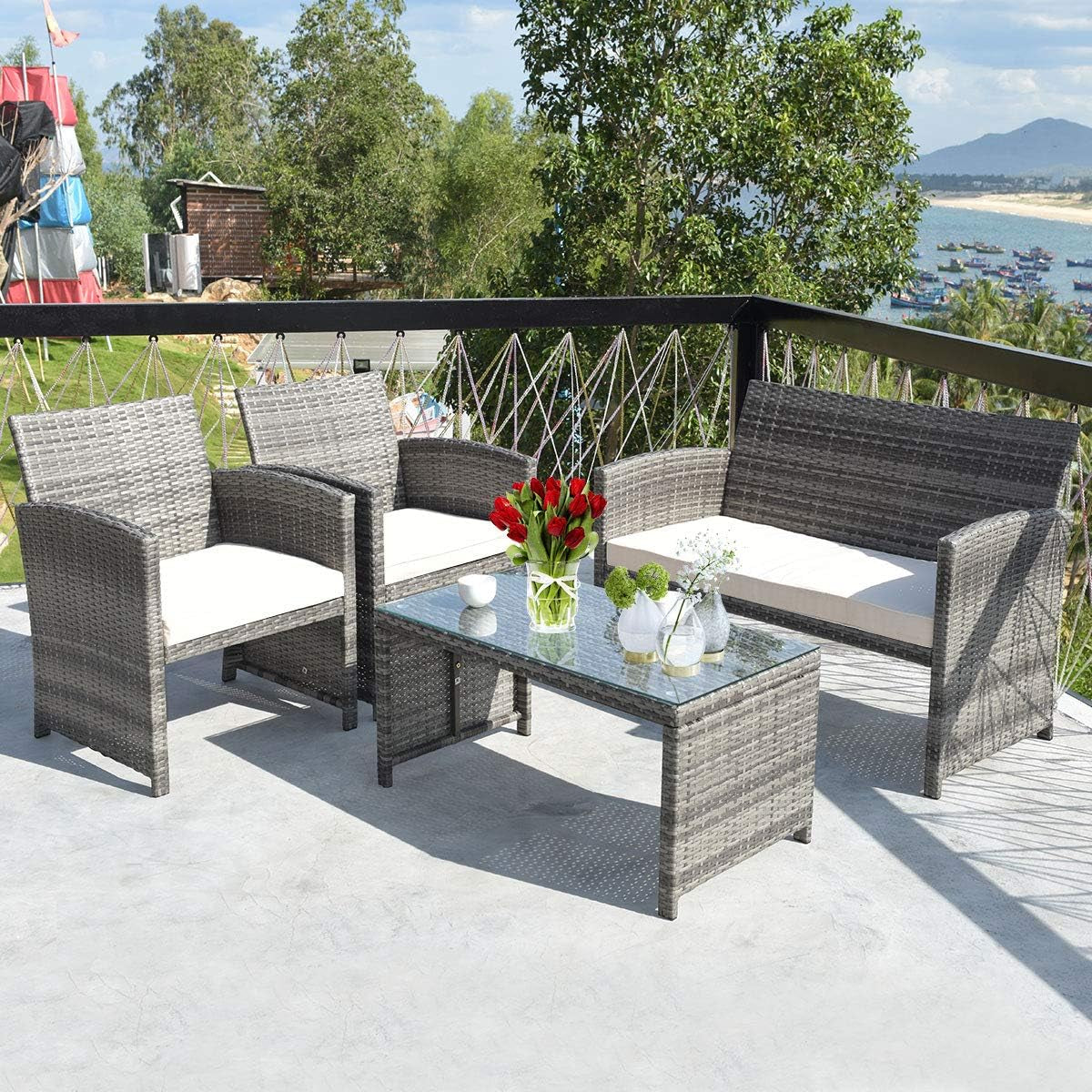 4 PCS Wicker Patio Conversation Set, Outdoor Rattan Sofas with Table Set, Patio Furniture Set with Soft Cushions & Tempered Glass Coffee Table for Poolside Balcony-1
