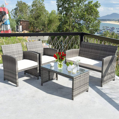 4 PCS Wicker Patio Conversation Set, Outdoor Rattan Sofas with Table Set, Patio Furniture Set with Soft Cushions & Tempered Glass Coffee Table for Poolside Balcony-1
