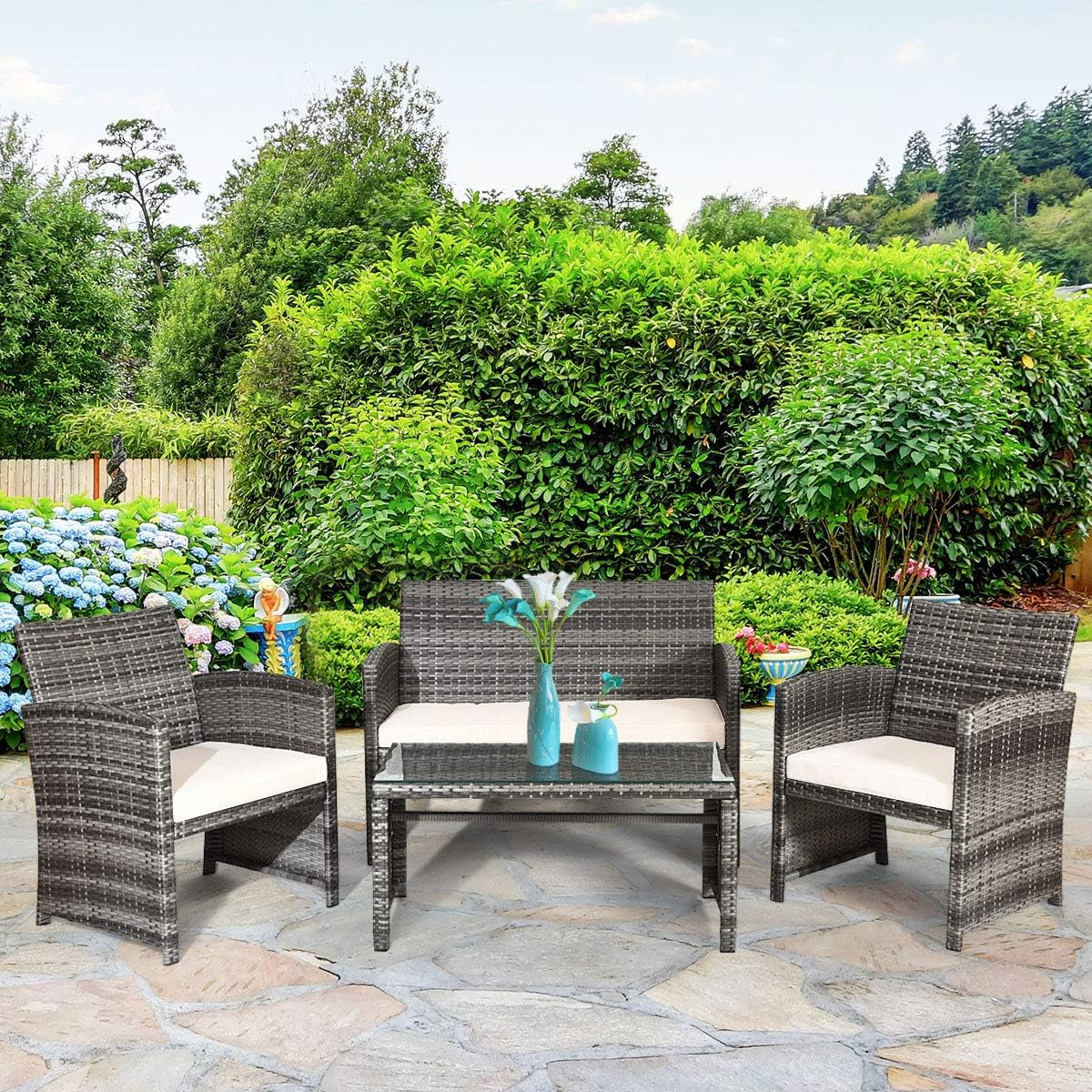 4 PCS Wicker Patio Conversation Set, Outdoor Rattan Sofas with Table Set, Patio Furniture Set with Soft Cushions & Tempered Glass Coffee Table for Poolside Balcony-2
