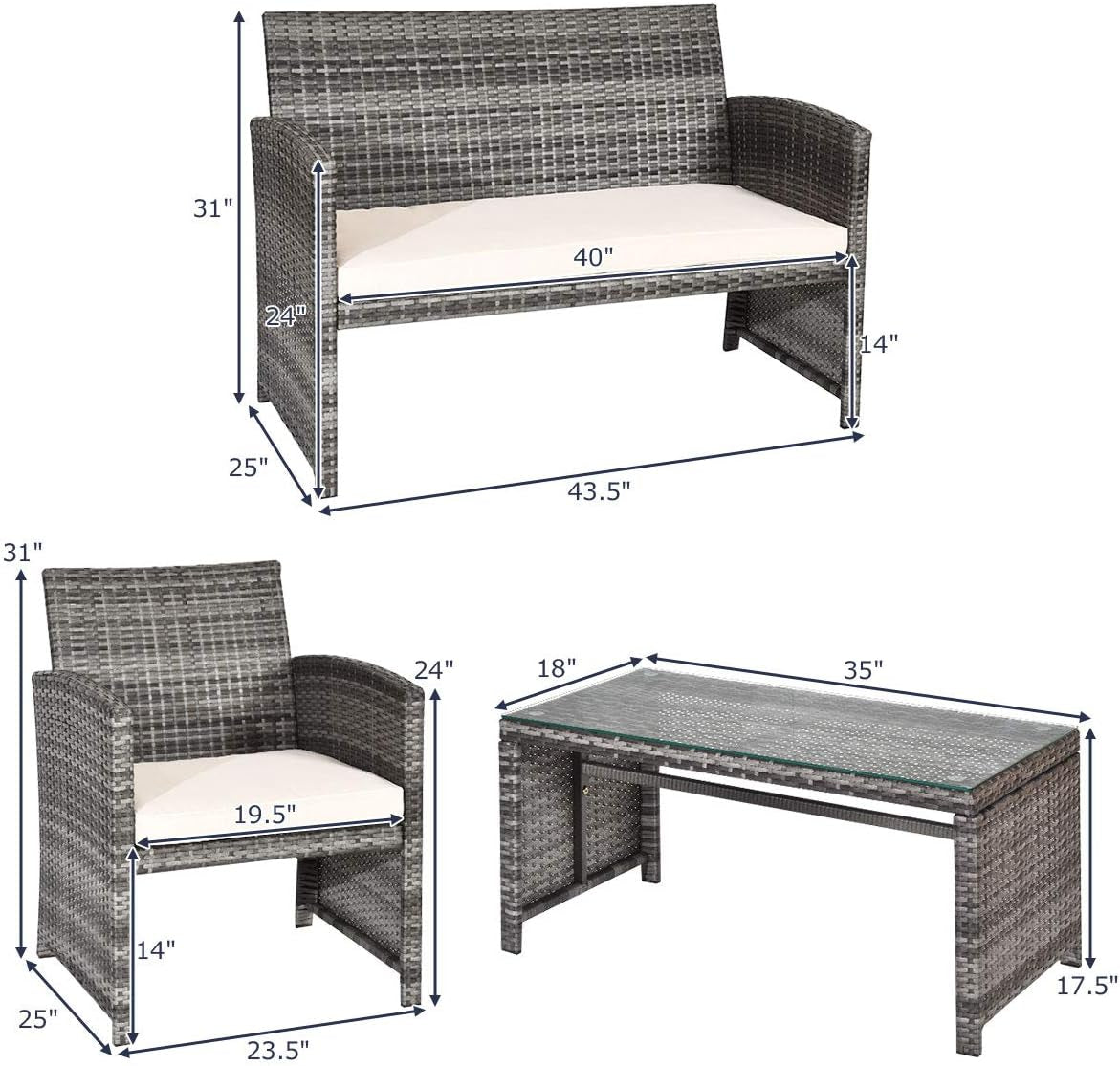 4 PCS Wicker Patio Conversation Set, Outdoor Rattan Sofas with Table Set, Patio Furniture Set with Soft Cushions & Tempered Glass Coffee Table for Poolside Balcony-4