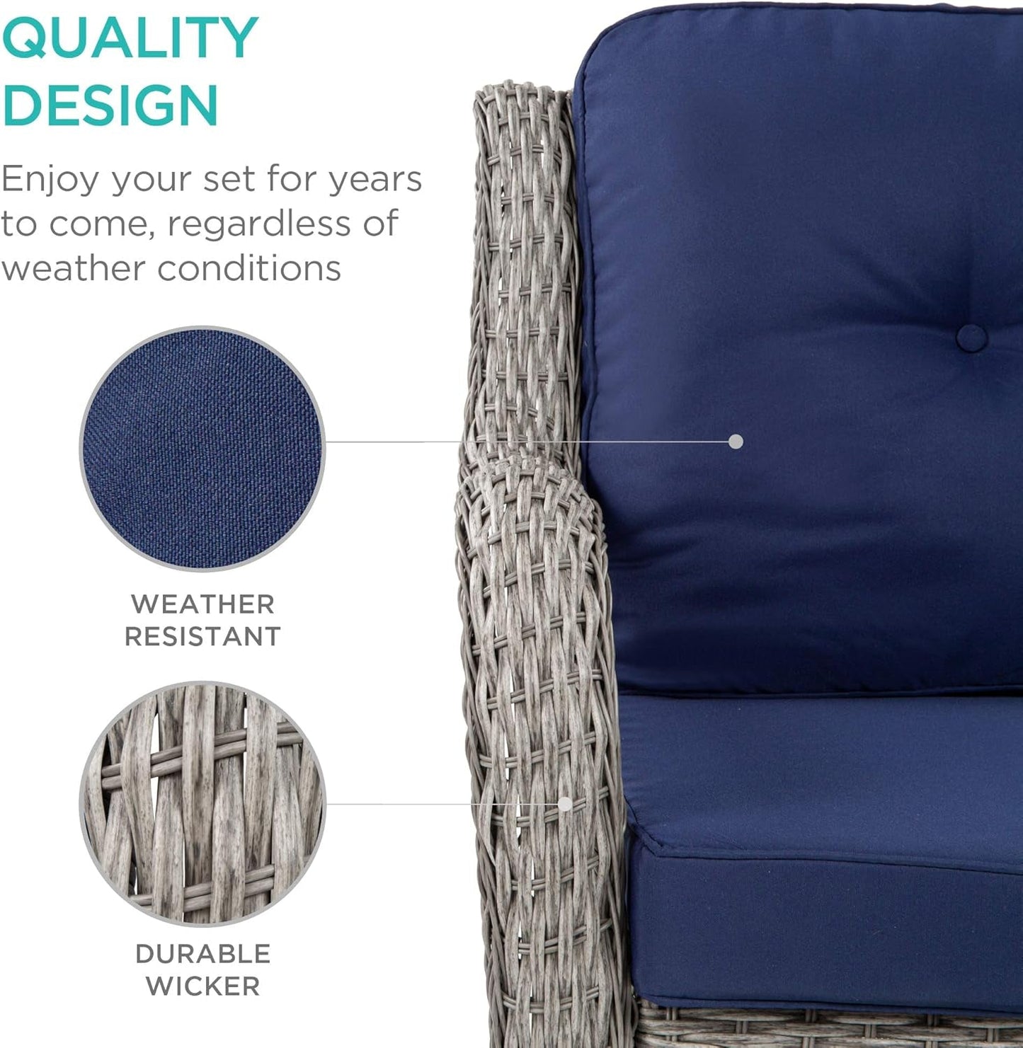 3-Piece Outdoor Wicker Patio Bistro Set W/ 2 360-Degree Swivel Rocking Chairs and Tempered Glass Top Side Table - Navy-4