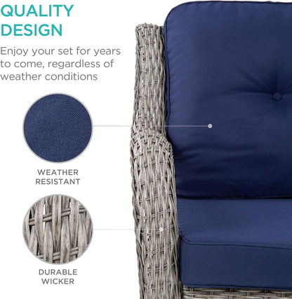3-Piece Outdoor Wicker Patio Bistro Set W/ 2 360-Degree Swivel Rocking Chairs and Tempered Glass Top Side Table - Navy-4