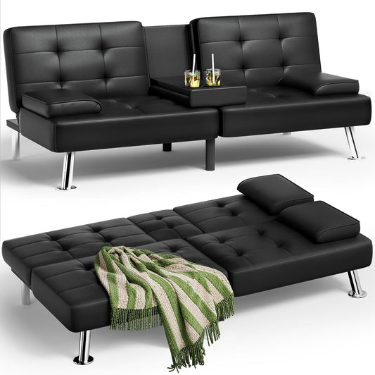 Stylish Leather Futon Sofa Bed with Adjustable Armrests-0